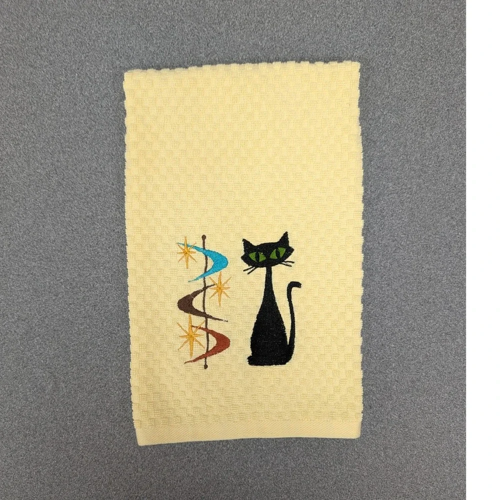 Mid Mod Retro Cat Flying Saucers Kitchen Bar Tea Hand Towel Great Gift Idea!